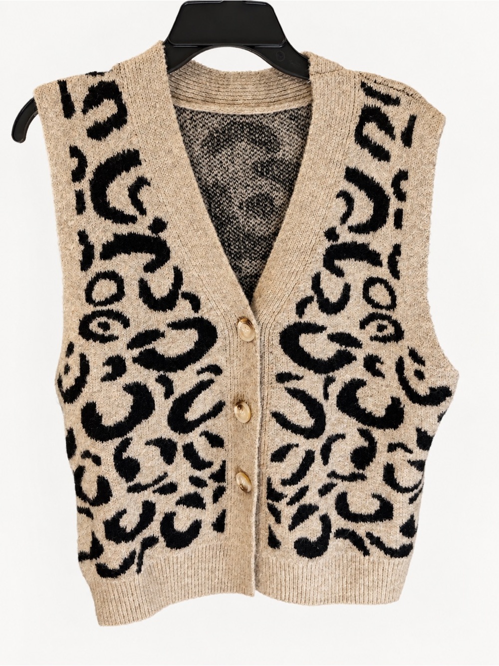 SHEIN Beige and Black Leopard-Print Knit Button Cardigan Vest